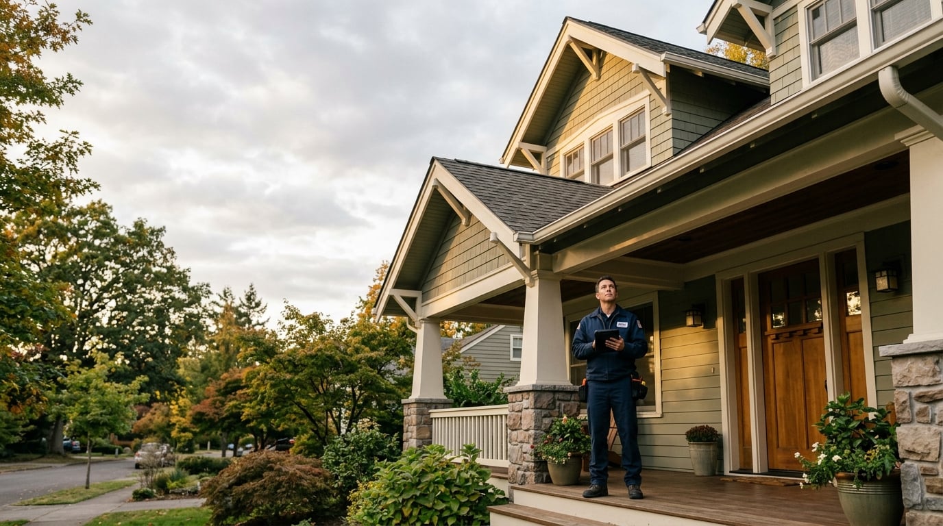 Inspector reviewing a house from the front porch